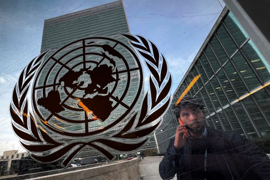 A person departs the United Nations (UN) headquarters building in the Manhattan borough of New York City, New York, U.S., March 1, 2022. REUTERS/Carlo Allegri/File Photo