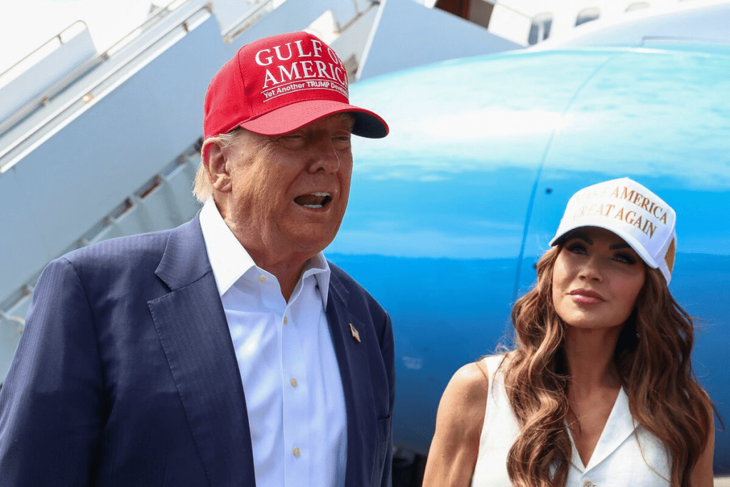 U.S. President Donald Trump and U.S. Homeland Security Secretary Kristi Noem speak with the media at the Dade-Collier Training and Transition Airport on the day of the opening of a temporary migrant detention center informally known as "Alligator Alcatraz" in Ochopee, Florida, U.S., July 1, 2025. REUTERS/Evelyn Hockstein