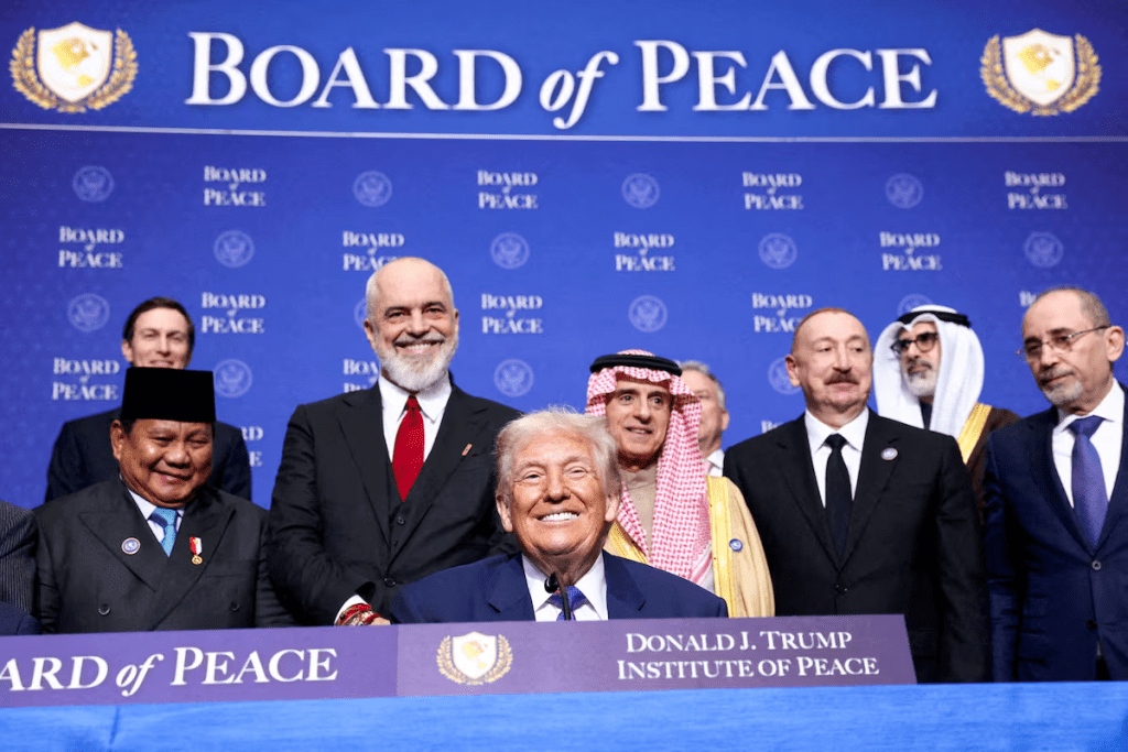 U.S President Donald Trump, Indonesia's President Prabowo Subianto, Albania's Prime Minister Edi Rama, Saudi Minister of State for Foreign Affairs, Cabinet Member, and Climate Envoy Adel Al-Jubeir, Azerbaijani President Ilham Aliyev, and Jordan's Foreign Minister Ayman Safadi attend the inaugural Board of Peace meeting at the U.S. Institute of Peace in Washington, D.C., U.S., February 19, 2026. REUTERS/Kevin Lamarque//File Photo