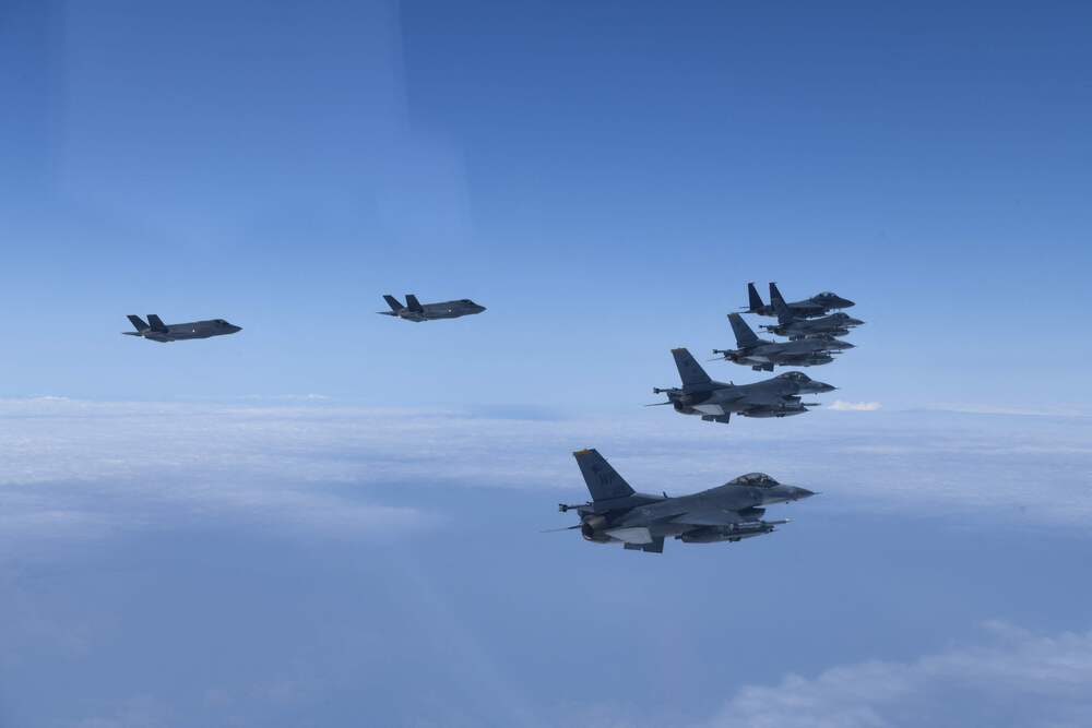 This handout picture taken on June 7, 2022, and provided by the South Korean Defence Ministry in Seoul shows South Korean warplanes, including F-35 stealth fighters, and US F-16 jets flying in tactical formation in airspace over South Korea. (AFP) This handout picture taken on June 7, 2022, and provided by the South Korean Defence Ministry in Seoul shows South Korean warplanes, including F-35 stealth fighters, and US F-16 jets flying in tactical formation in airspace over South Korea. (AFP)
