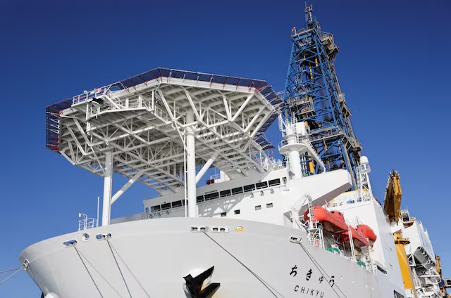 Japan's drilling-equipped research vessel Chikyu before its departure from Shimizu port to conduct a test recovery of rare-earth–rich mud near Minamitori Island, marking the world's first attempt to continuously lift rare-earth seabed sludge from a depth of about 6 km onto a ship, in Shimizu, Shizuoka prefecture, Japan January 12, 2026. REUTERS/Yuka Obayashi