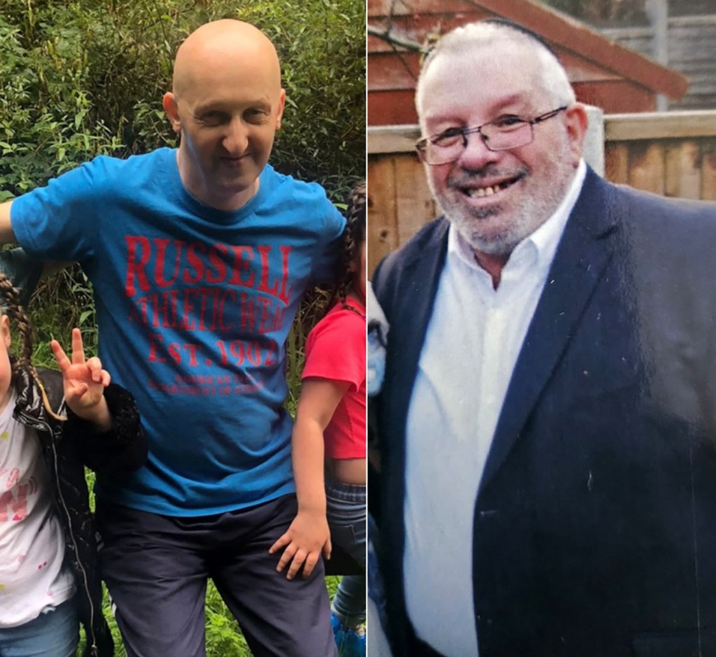 A combination of handout pictures released by Great Manchester Police and created in London on October 3, 2025 shows the two victims of the Manchester terror attacks on October 2, Adrian Daulby (L), 53 and Melvin Cravitz (R), 66. Friends and family of the two men killed during an attack on a synagogue in Manchester, northwest England, were in mourning on Friday and paid tribute to "truly wonderful" people. (Photo by GREATER MANCHESTER POLICE / AFP)
