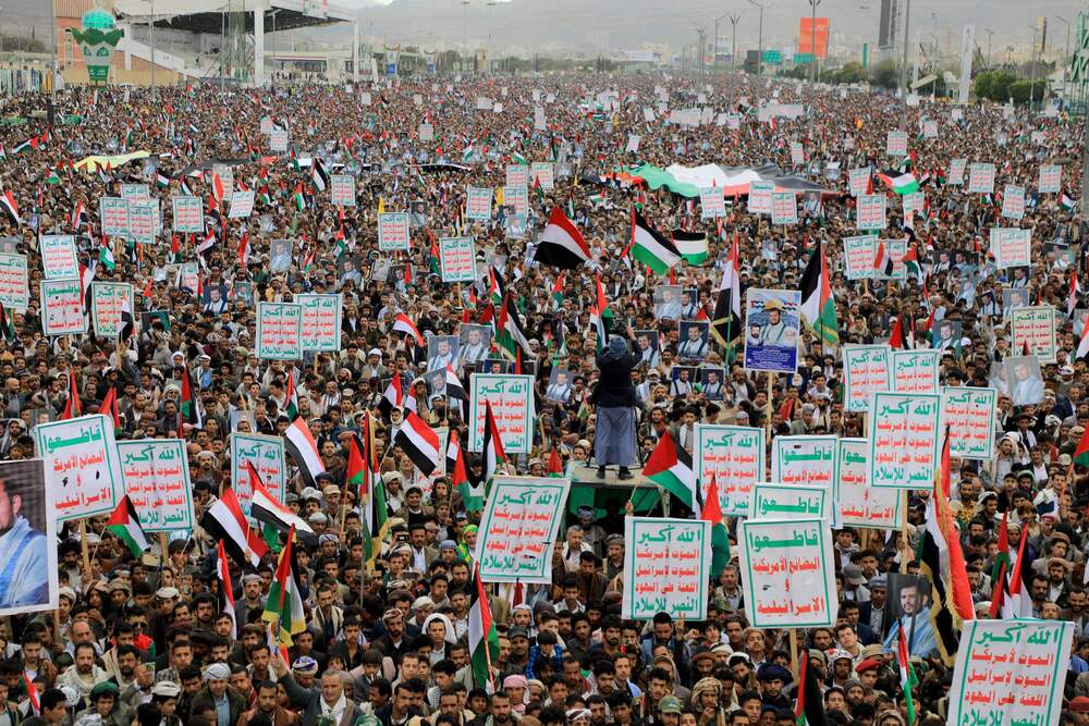 People march through the streets of Yemen's Huthi-controlled capital Sanaa to express solidarity with the people of Gaza on December 29, 2023. (AFP) People march through the streets of Yemen's Huthi-controlled capital Sanaa to express solidarity with the people of Gaza on December 29, 2023. (AFP)