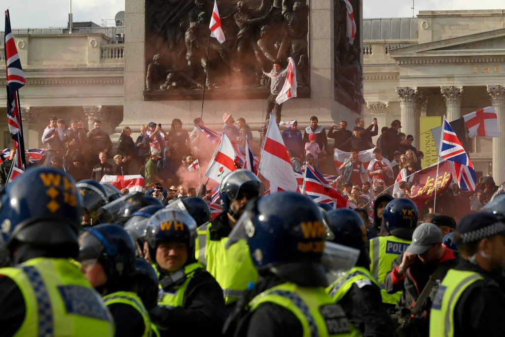 Protesters attend an anti-immigration rally organised by British anti-immigration activist Stephen Yaxley-Lennon, also known as Tommy Robinson, in London, Britain, September 13, 2025. (Reuters)