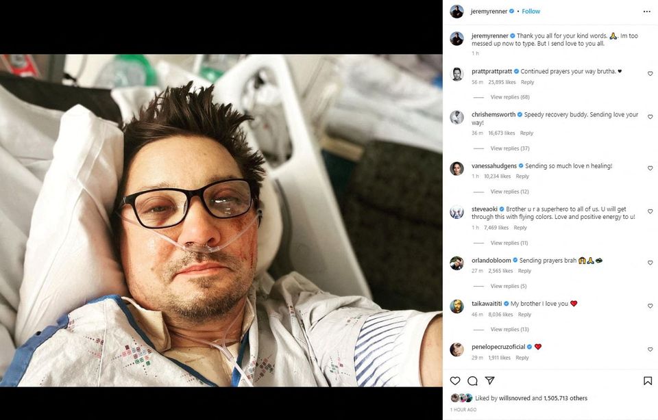 A screen grab shows a selfie of actor Jeremy Renner on a hospital bed, posted on Instagram with a caption reading, A screen grab shows a selfie of actor Jeremy Renner on a hospital bed, posted on Instagram with a caption reading,