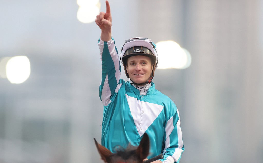 James McDonald after another big win on Romantic Warrior. The pair reunite in the G2 BOCHK Jockey Club Cup on November 23 HKJC