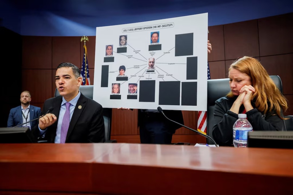 U.S. Representative Robert Garcia (D-CA) speaks, next to U.S. Representative Melanie Stansbury (D-NM), during a field hearing by the Democrats on the House Oversight Committee, as part of their investigation into Jeffrey Epstein, in West Palm Beach, Florida, U.S., May 12, 2026. REUTERS/Marco Bello/File Photo 