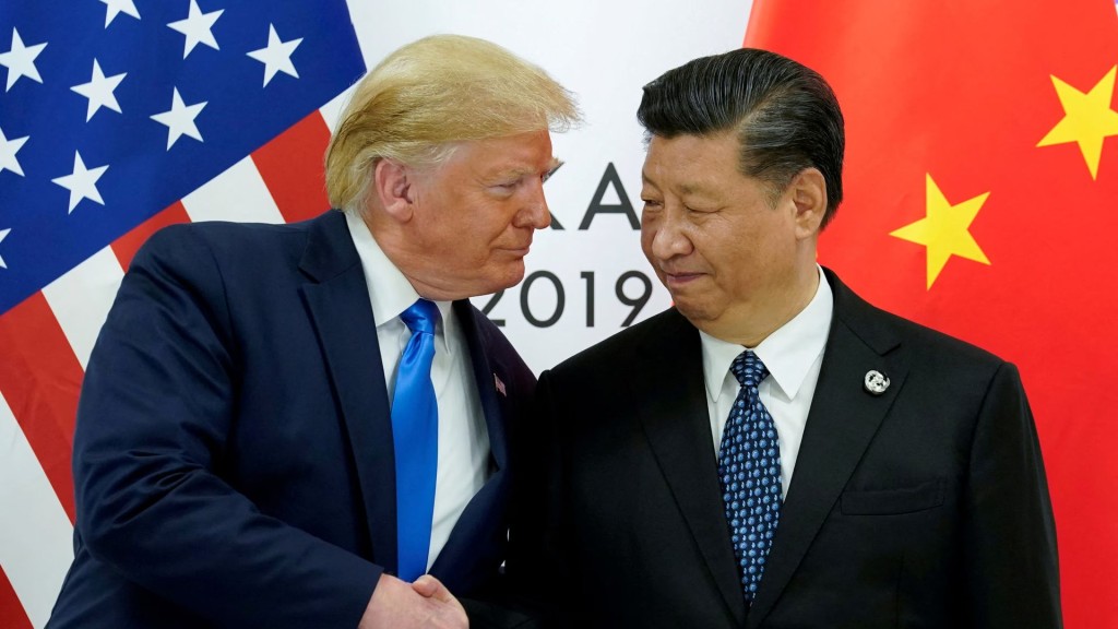 Xi Jinping, right, meets Donald Trump at the start of their bilateral meeting at the G20 leaders summit in Osaka in 2019.  Reute