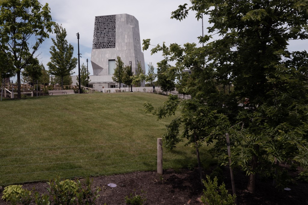 The museum building rises above the campus at the Obama Presidential Center on June 03, 2026 in Chicago, Illinois. The Obama Presidential Center, which includes a museum, library, playground and basketball court, opens to the public on June 19. Scott Olson/Getty Images/AFP 
