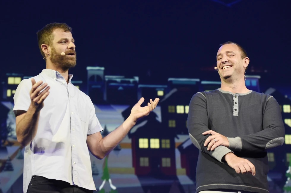 “South Park” creators Matt Stone, left, and Trey Parker speak at Ubisoft’s E3 2015 Conference at the Orpheum Theatre on June 15, 2015, in Los Angeles. (Photo by Chris Pizzello/Invision/AP, File)