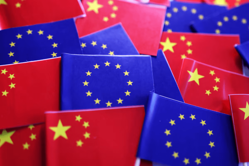 EU and Chinese flags are seen in this illustration taken, March 20, 2025. REUTERS/Dado Ruvic/Illustration/File Photo