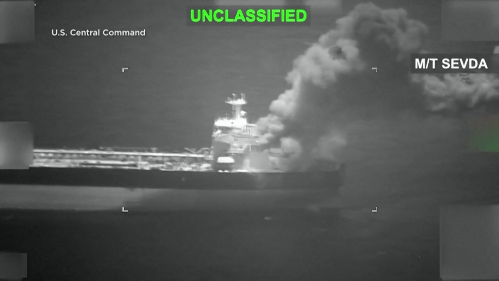 This screen grab made on May 10, 2026, from a video released by the US Central Command on its X account on May 8, 2026, appears to show a strike on the Iranian-flagged tanker M/T Sevda. (AFP)