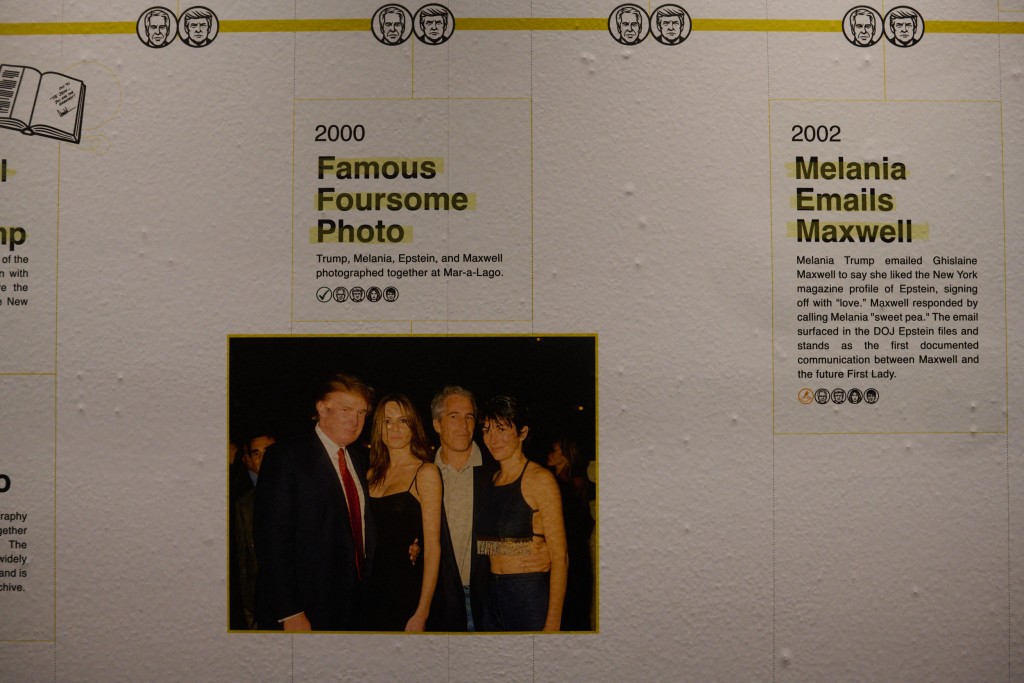 A timeline of events is illustrated on a wall on the main floor where The Institute for Primary Facts, a non-profit organization, opens a library archive of 3.5 million pages of the Epstein files that have been made available to the public at the Donald J. Trump and Jeffrey Epstein Memorial Reading Room in Tribeca on May 8, 2026 in New York City. People will be able to view the files from May 8 to 21, but access will be by appointment only. Edna Leshowitz/Getty Images/AFP