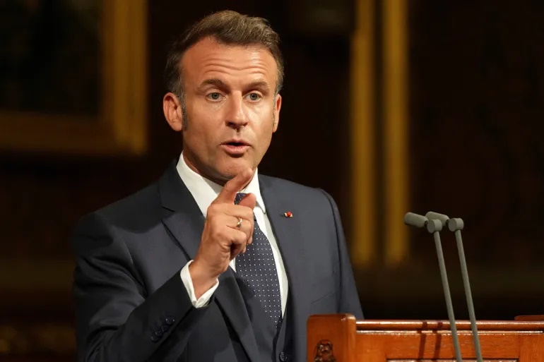 French President Emmanuel Macron addresses parliament in the Palace of Westminster, London, on July 8, 2025 [Alastair Grant/Pool via Reuters]