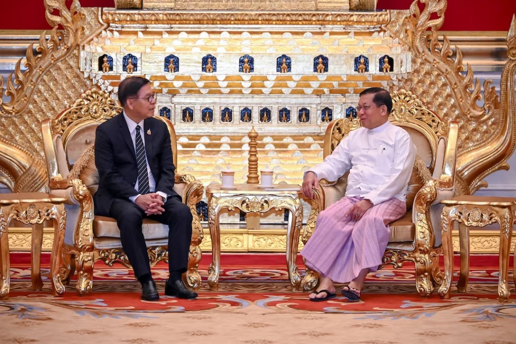 Thailand's Deputy Prime Minister and Foreign Minister Sihasak Phuangketkeow speaks with Myanmar President Min Aung Hlaing during their meeting in Naypyitaw, Myanmar, April 22, 2026. Thailand's Ministry of Foreign Affairs/Handout via REUTERS
