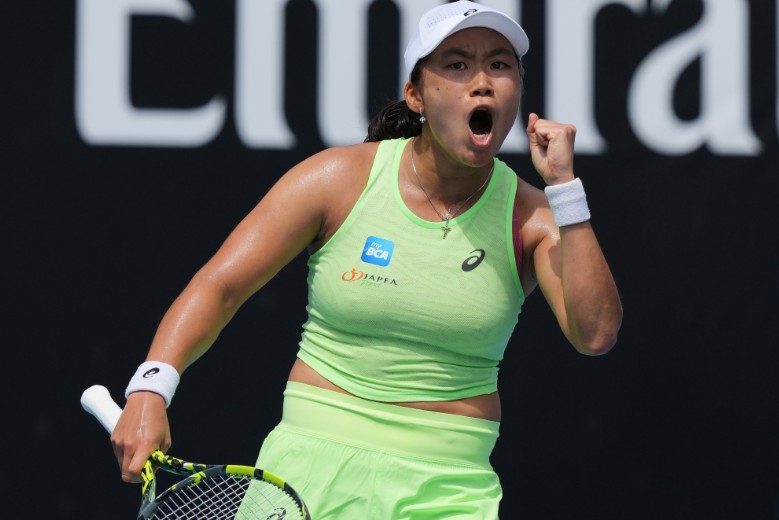 Janice Tjen reacts after winning a point during her first-round match against Leylah Fernandez. AP
