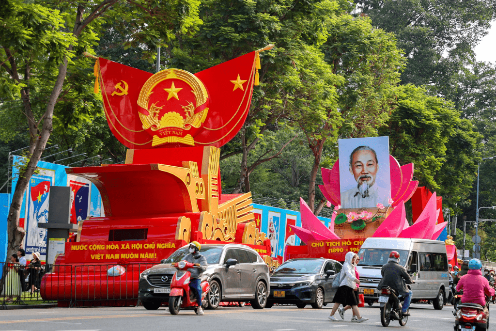 Floats for a parade are pictured ahead of the 50th Anniversary of the fall of Saigon, in Ho Chi Minh city, Vietnam, April 29, 2025. REUTERS/Thinh Nguyen