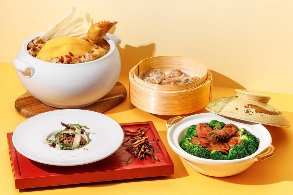 Cordyceps, Lycii Fructus, Common Yam Rhizome Stewed Chicken Soup with Conch (Top-left), Cordyceps Steamed Dumplings (Top-right), Cordyceps and Porcini Mushroom Italian Risotto (Bottom-left), and Braised Abalone with Enoki Mushroom and Cordyceps (Bottom-right). Cordyceps, Lycii Fructus, Common Yam Rhizome Stewed Chicken Soup with Conch (Top-left), Cordyceps Steamed Dumplings (Top-right), Cordyceps and Porcini Mushroom Italian Risotto (Bottom-left), and Braised Abalone with Enoki Mushroom and Cordyceps (Bottom-right).