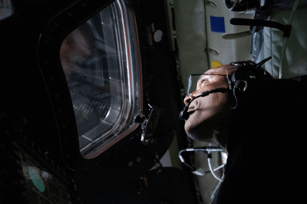 NASA astronaut and Artemis II Pilot Victor Glover is pictured here in the Orion spacecraft during the Artemis II lunar flyby April 6, 2026. NASA/Handout via REUTERS