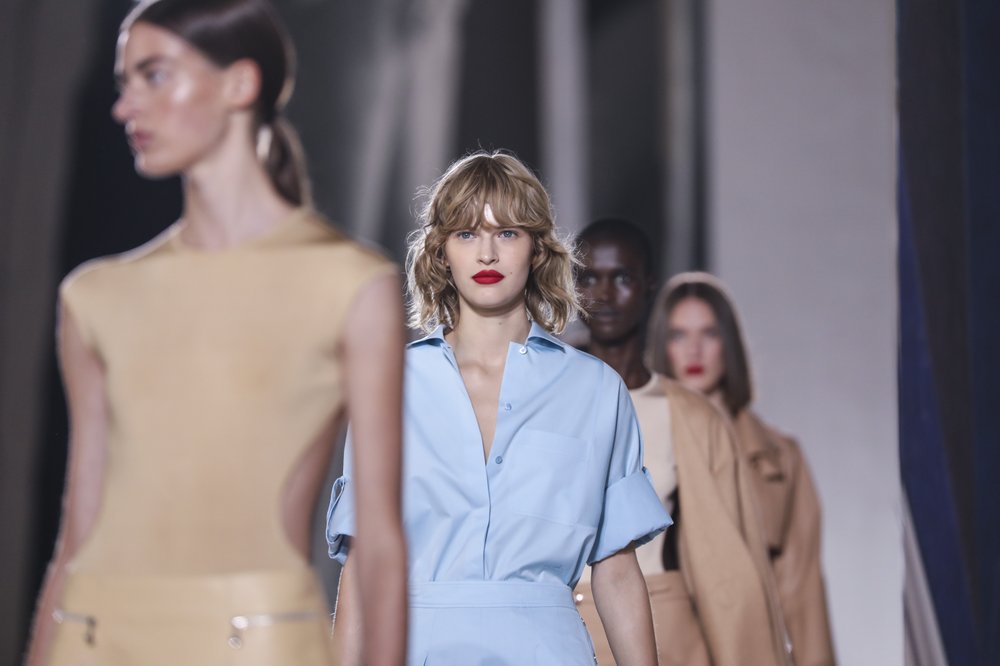 Models wear creations for the Hermes Spring-Summer 2021 fashion collection, 2020, Paris fashion week. Models wear creations for the Hermes Spring-Summer 2021 fashion collection, 2020, Paris fashion week.