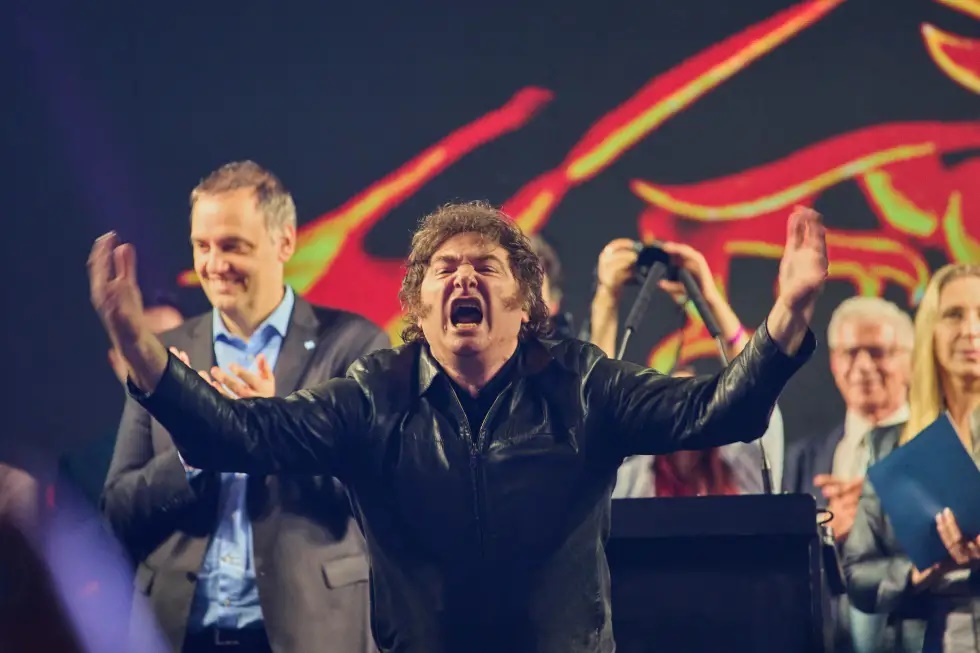 Argentina’s President Javier Milei greets supporters during the closing campaign rally for Manuel Adorni, a contender in the upcoming elections for the Buenos Aires city legislature, in Buenos Aires, Argentina, Wednesday, May 14, 2025. (AP Photo/Rodrigo Abd)
