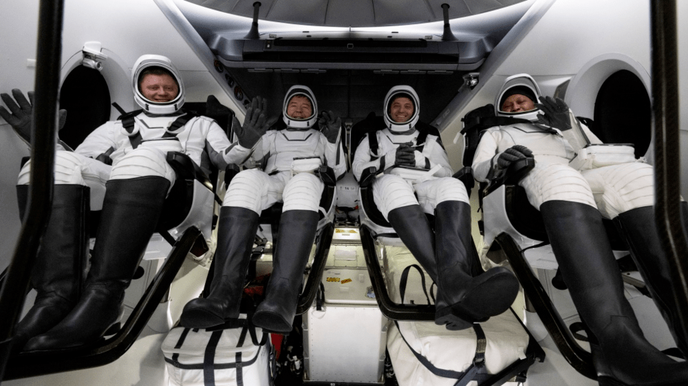 This photo provided by NASA shows Roscosmos cosmonaut Alexander Grebenkin, left, NASA astronauts Michael Barratt, second from left, Matthew Dominick, second from right, and Jeanette Epps, right, inside the SpaceX Dragon Endeavour spacecraft shortly after having landed in the Gulf of Mexico off the coast of Pensacola, Florida, Friday, Oct. 25, 2024. (NASA/Joel Kowsky via AP) This photo provided by NASA shows Roscosmos cosmonaut Alexander Grebenkin, left, NASA astronauts Michael Barratt, second from left, Matthew Dominick, second from right, and Jeanette Epps, right, inside the SpaceX Dragon Endeavour spacecraft shortly after having landed in the Gulf of Mexico off the coast of Pensacola, Florida, Friday, Oct. 25, 2024. (NASA/Joel Kowsky via AP)