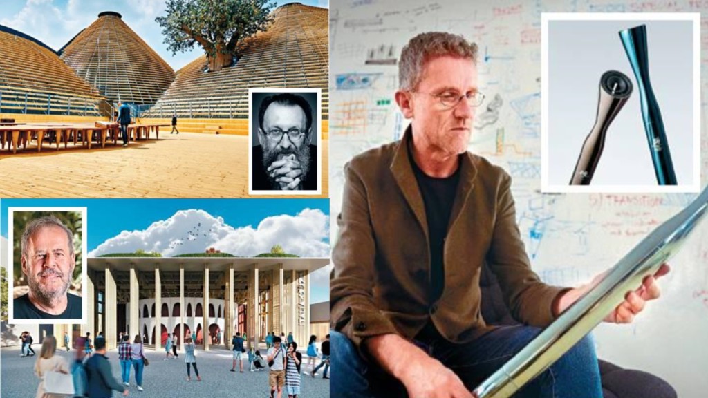 (Top left) Michele de Lucchi, who designed Pavilion Zero at the 2015 Milan World Expo; (Bottom left) Mario Cucinella, who designed the Italian Pavilion at the 2025 Osaka World Expo; (Right) Carlo Ratti, who designed he 2026 Winter Olympic torches