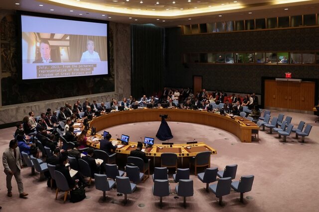 The U.N. Security Council holds a meeting on Artificial intelligence at U.N. headquarters in New York City, U.S., July 18, 2023. REUTERS/Brendan McDermid/File Photo 
