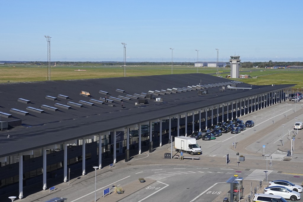 This picture shows an overview of the Aalborg Airport on September 25, 2025. Drone flights that caused Danish airports to close on two nights this week were a systematic and hybrid operation by a "professional actor," the country's defence minister said. (Photo by Bo Amstrup / Ritzau Scanpix / AFP)