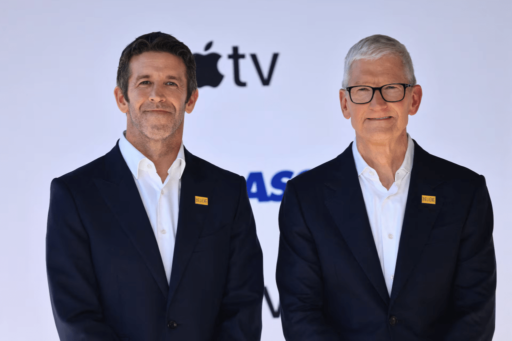 Apple's CEO Tim Cook and Senior Vice President Hardware Engineering John Ternus attend the premiere of season four of the Apple TV series "Ted Lasso" at the Academy Museum in Los Angeles, California, U.S., July 27, 2026. REUTERS/David Swanson 