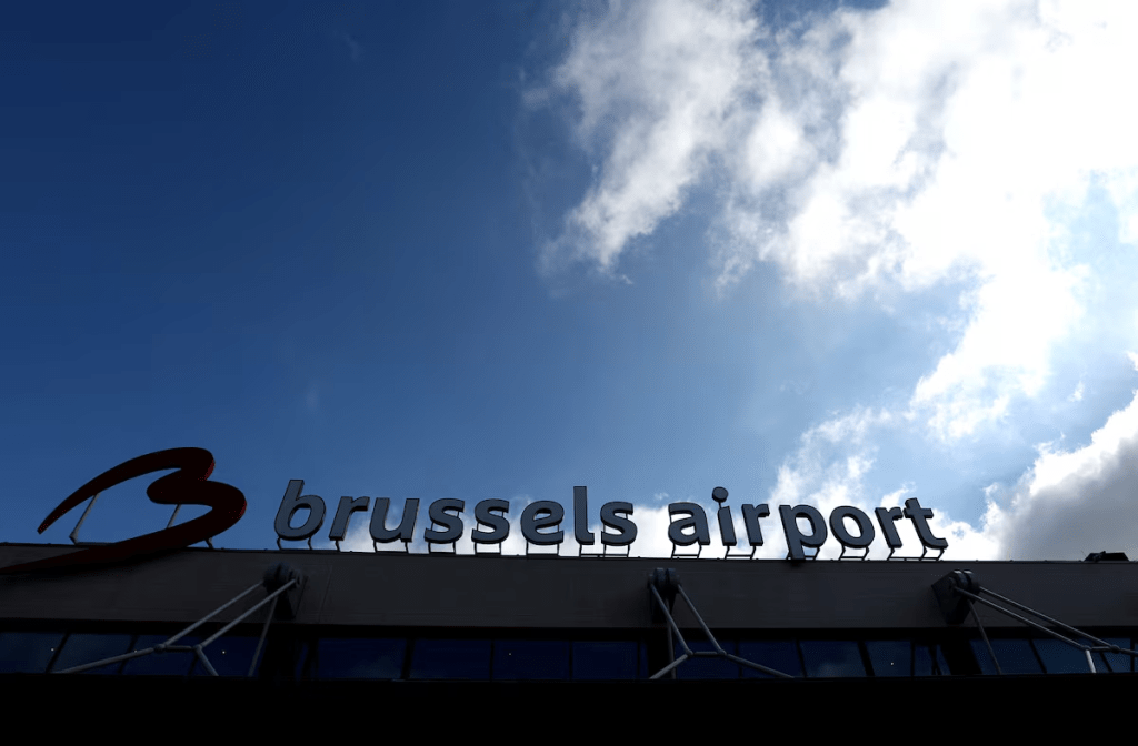 The logo of Brussels international airport is seen outside the terminal in Zaventem, Belgium March 31, 2025. REUTERS/Yves Herman/File photo