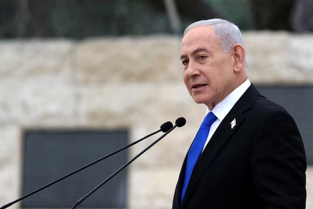 Israel’s Prime Minister Benjamin Netanyahu speaks during a ceremony commemorating Israel’s Remembrance Day for fallen soldiers, or Yom HaZikaron, at the Military Cemetery on Mount Herzl in Jerusalem April 21, 2026. ILIA YEFIMOVICH/Pool via REUTERS/File Photo