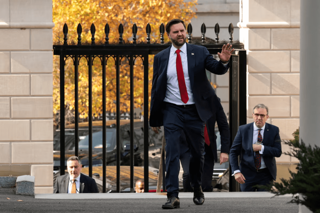 U.S. Vice President JD Vance walks toward the West Wing of the White House ahead of President Donald Trump's meeting with Hungarian Prime Minister Viktor Orban, in Washington, D.C., U.S., November 7, 2025. REUTERS/Jonathan Ernst 