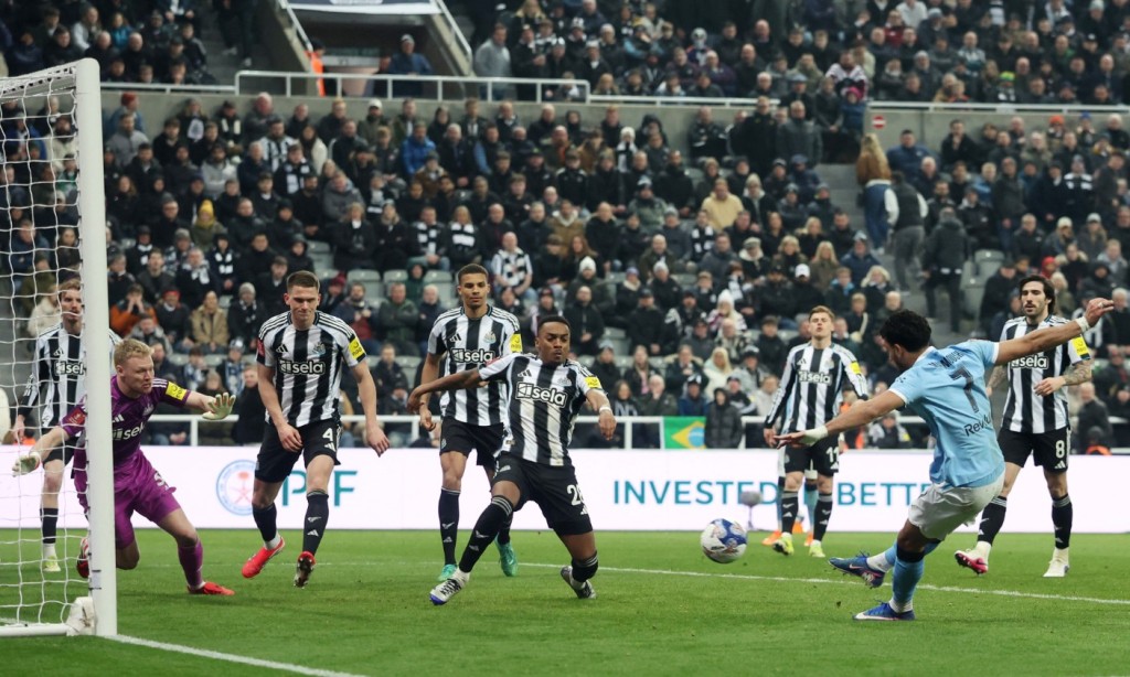 Omar Marmoush scores Manchester City's second goal past Newcastle 'keeper Aaron Ramsdale. REUTERS 