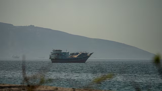 A vessel anchored at the Strait of Hormuz, as seen from Musandam, Oman, May 29, 2026. REUTERS/Stringer