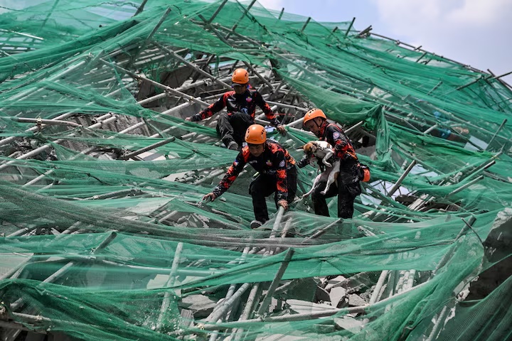Rescue workers use a K-9 to search for trapped survivors among the debris of a collapsed nine-storey building under construction in Balibago, Angeles City, Pampanga, Philippines, May 25, 2026. REUTERS/Noel Celis 