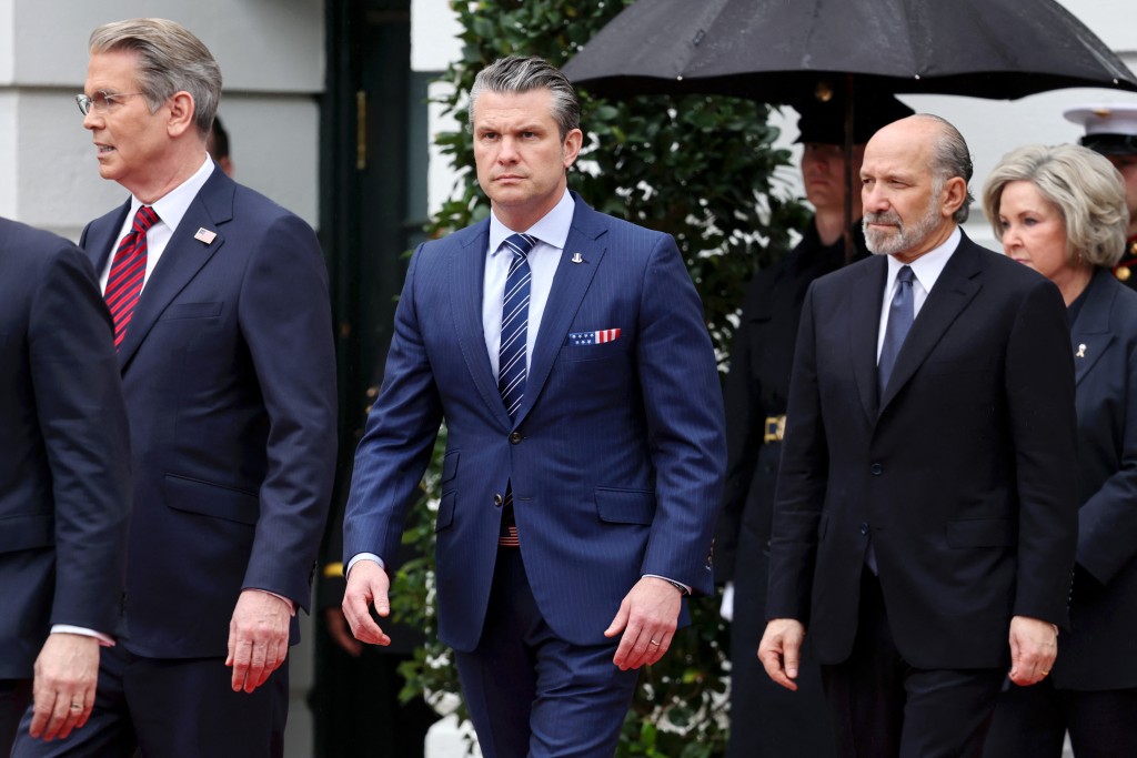 (L-R) US Treasury Secretary Scott Bessent, US Secretary of War Pete Hegseth and US Commerce Secretary Howard Lutnick, White House Chief of Staff Susie Wiles on day two of the State Visit of King Charles III and Queen Camilla to the United States of America, on April 28, 2026 in Washington, DC. (Photo by Chris Jackson / POOL / AFP)