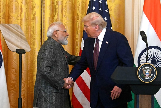US President Donald Trump shakes hands with Indian Prime Minister Narendra Modi during a joint press conference at the White House in Washington, DC, on February 13, 2025. (AFP) US President Donald Trump shakes hands with Indian Prime Minister Narendra Modi during a joint press conference at the White House in Washington, DC, on February 13, 2025. (AFP)