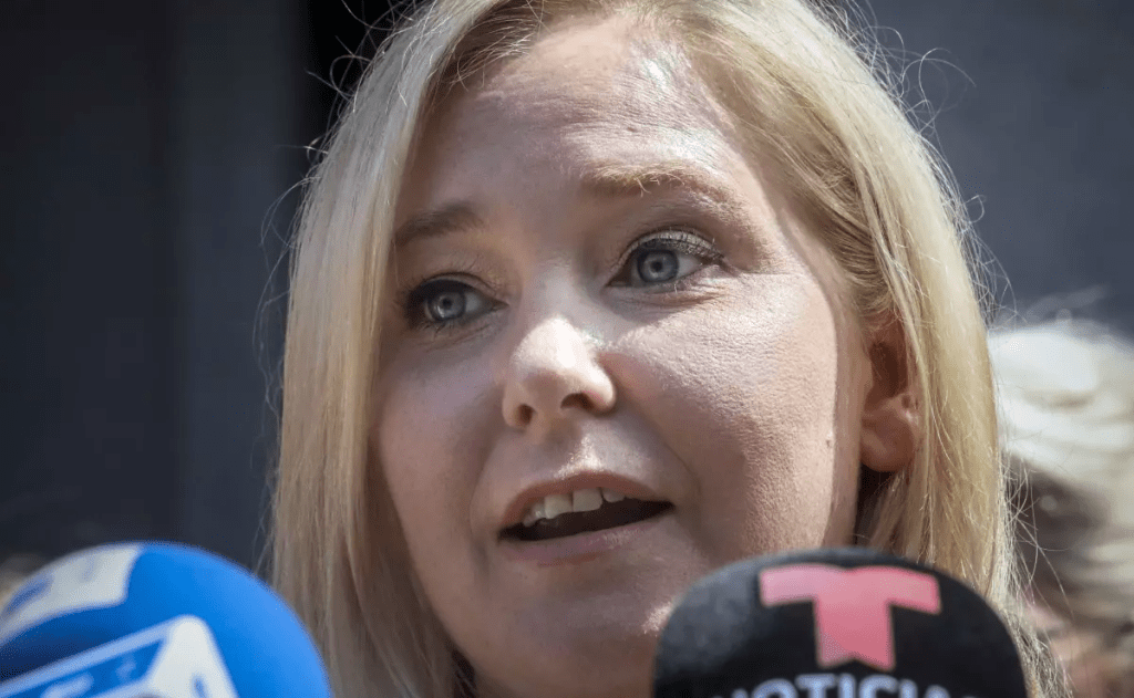 Virginia Giuffre, shown at a news conference outside court in Manhattan in 2019, has died. She accused Prince Andrew and others of exploiting her as a teeanger in Jeffrey Epstein’s sex trafficking scandal. (Bebeto Matthews / Associated Press)