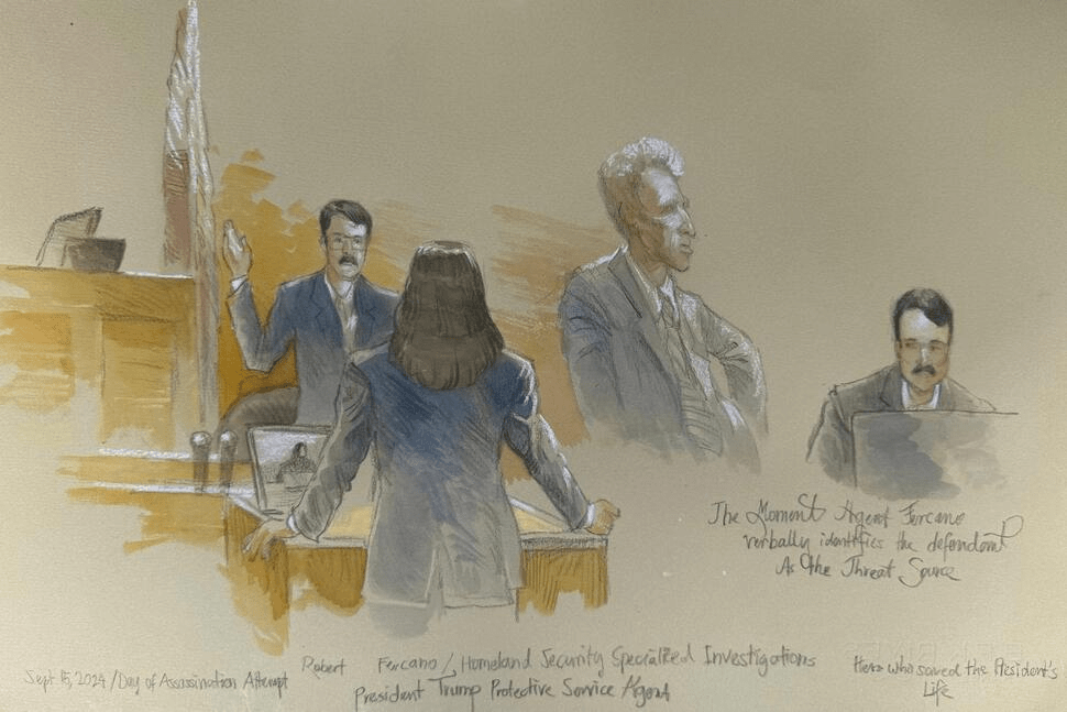 This courtroom sketch shows Secret Service agent Robert Fercano identifying the defendant in the trial of Ryan Routh, who is charged with attempting to assassinate Donald Trump last year at a golf course in South Florida, Thursday, Sept. 11, 2025, in Fort Pierce, Fla. (Lothar Speer via AP)