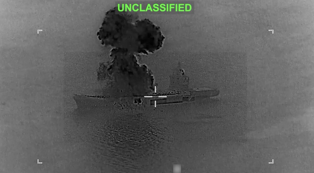 Photo by - / US CENTRAL COMMAND (CENTCOM) / AFP  This screen grab obtained from undated and unlocated video released by the US Central Command on their X account @CENTCOM on March 5, 2026 shows a strike on a vessel as part of "Operation Epic Fury".