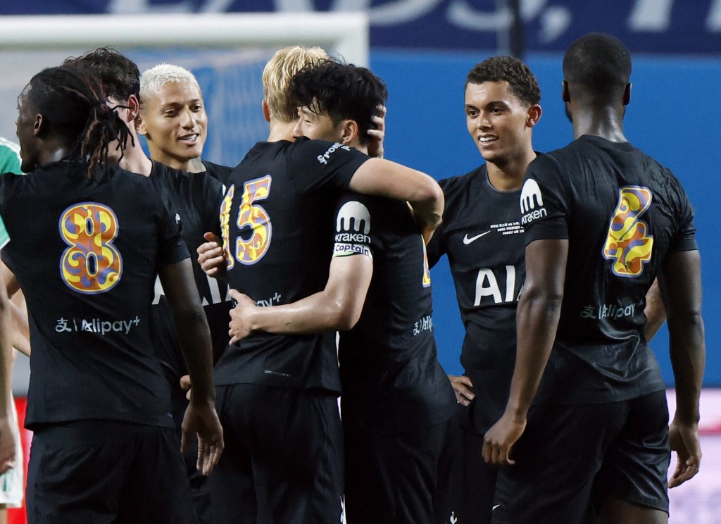 Son Heung-Min embraces Lucas Bergvall after playing his last game for Tottenham Hotspur. (Reuters)