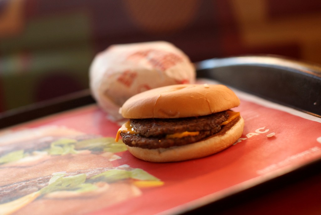 A McDouble burger is pictured at a McDonald's restaurant in the Fillmore District of San Francisco, California January 30, 2013.  REUTERS/Robert Galbraith/File Photo