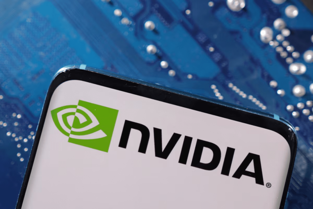A smartphone with a displayed NVIDIA logo is placed on a computer motherboard in this illustration taken March 6, 2023. REUTERS/Dado Ruvic/Illustration 