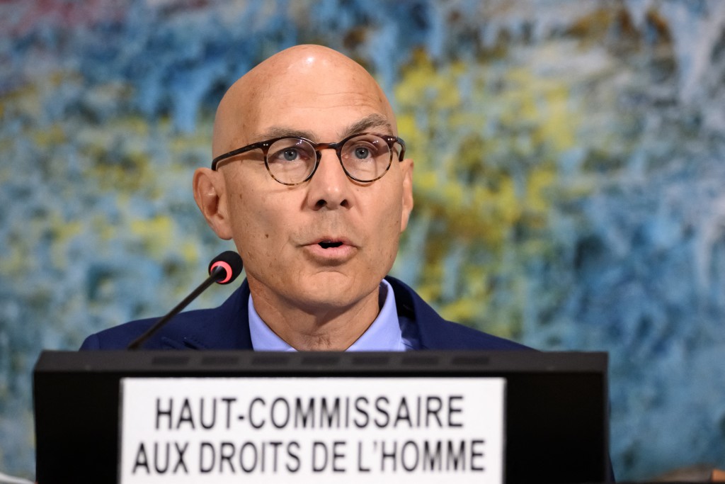 UN High Commissioner for Human Rights Volker Turk delivers his speech at the opening of the 60th session of the United Nations Human Rights Council in Geneva, on September 8, 2025. (Photo by Fabrice COFFRINI / AFP)