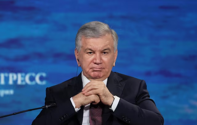 Uzbek President Shavkat Mirziyoyev attends a plenary session of the St. Petersburg International Economic Forum (SPIEF) in Saint Petersburg, Russia June 5, 2026. REUTERS/Anastasia Barashkova