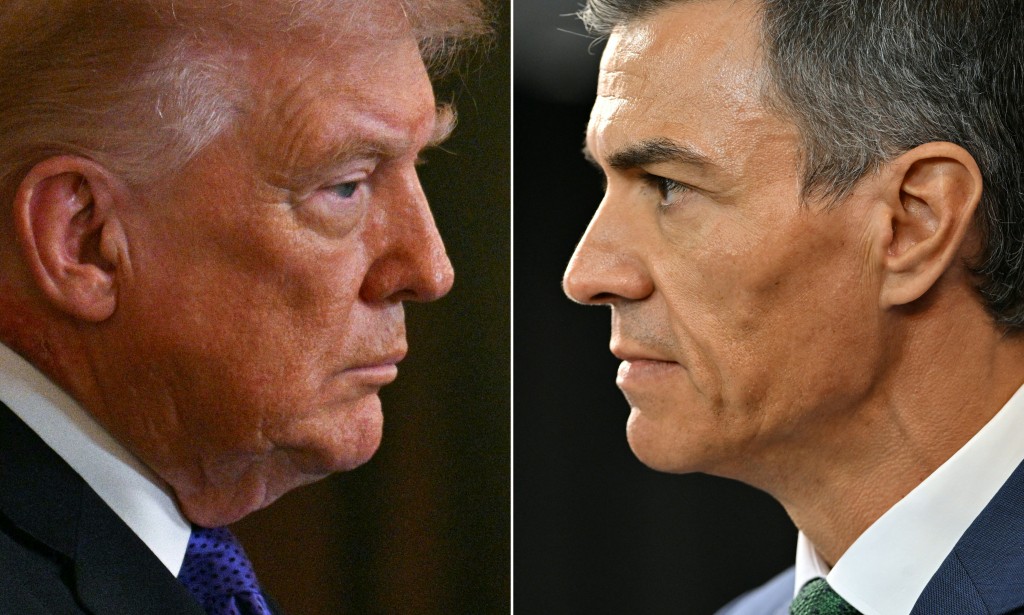 Photo by JIM WATSON / AFP  This combination of file pictures created on March 4, 2026 shows US President Donald Trump (L) waiting to speak during a Medal of Honor ceremony on March 2, 2026, in Washington, DC and Spanish Prime Minister Pedro Sanchez looking on after a meeting with Uruguay's President Yamandu Orsi in Montevideo on July 22, 2025.