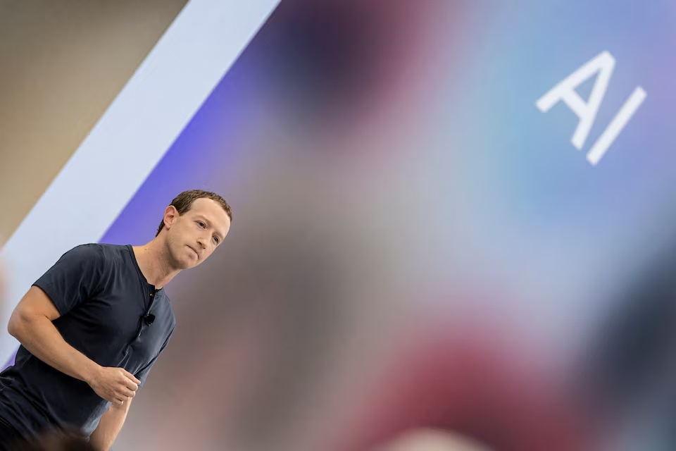 Meta CEO Mark Zuckerberg delivers a speech, as the letters AI for artificial intelligence appear on screen, at the Meta Connect event at the company's headquarters in Menlo Park, California, U.S., September 27, 2023. REUTERS/Carlos Barria/File Photo