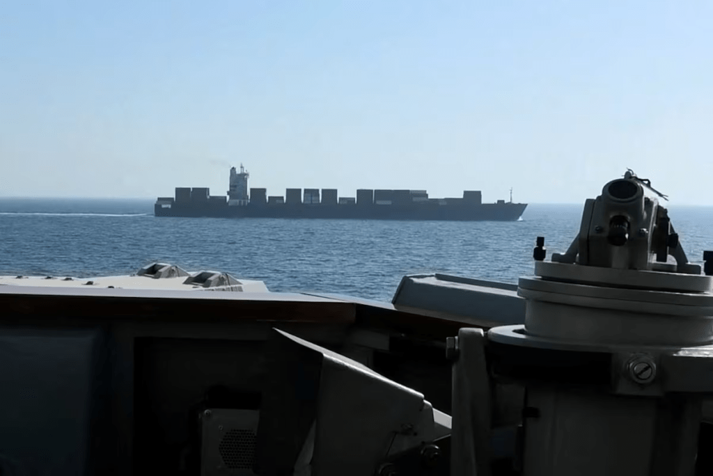 A view of Iranian-flagged cargo ship M/V Touska as the U.S. Navy Arleigh Burke-class Aegis guided missile destroyer USS Spruance conducts its interception in a location given as the north Arabian Sea, in this screen capture from a video released April 19, 2026. CENTCOM/Handout via REUTERS
