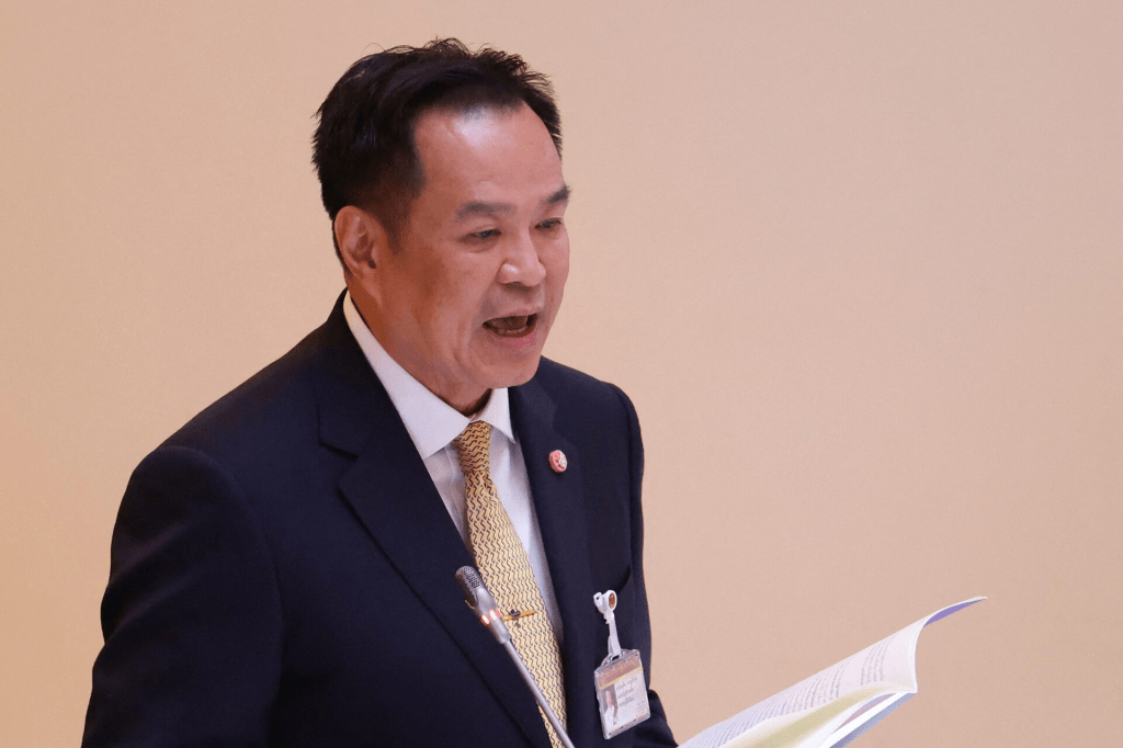 Thailand's Prime Minister Anutin Charnvirakul delivers the policy statements of the Council of Ministers to the parliament, at the parliament house, in Bangkok, Thailand, September 29, 2025. REUTERS/Chalinee Thirasupa